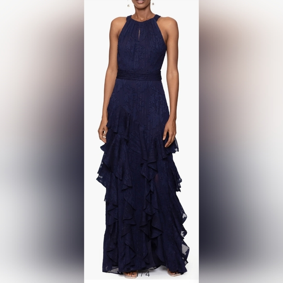 XSCAPE Petite Chiffon Ruffled Halter Gown NWT Size 8P Navy Blue - Picture 1 of 5
